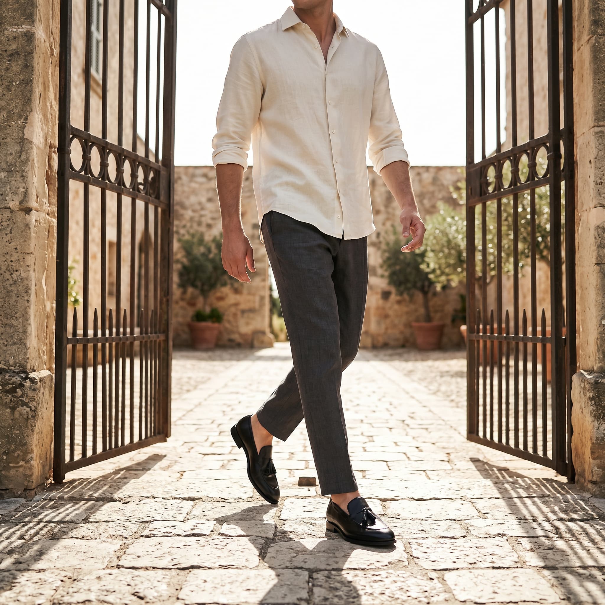 Man walking through an open gate in a sunlit outdoor setting