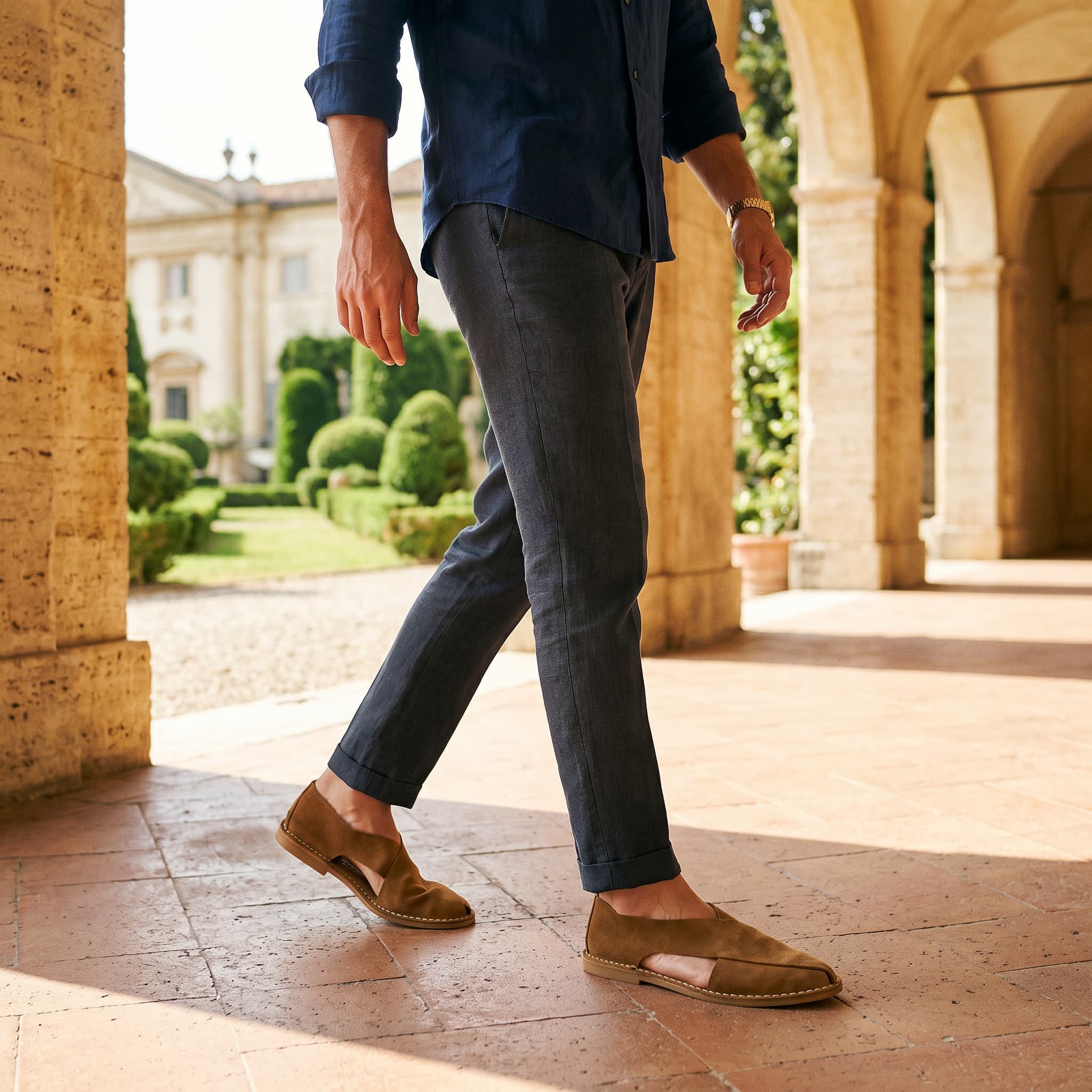 Person wearing brown shoes walking on a stone path with classical architecture in the background