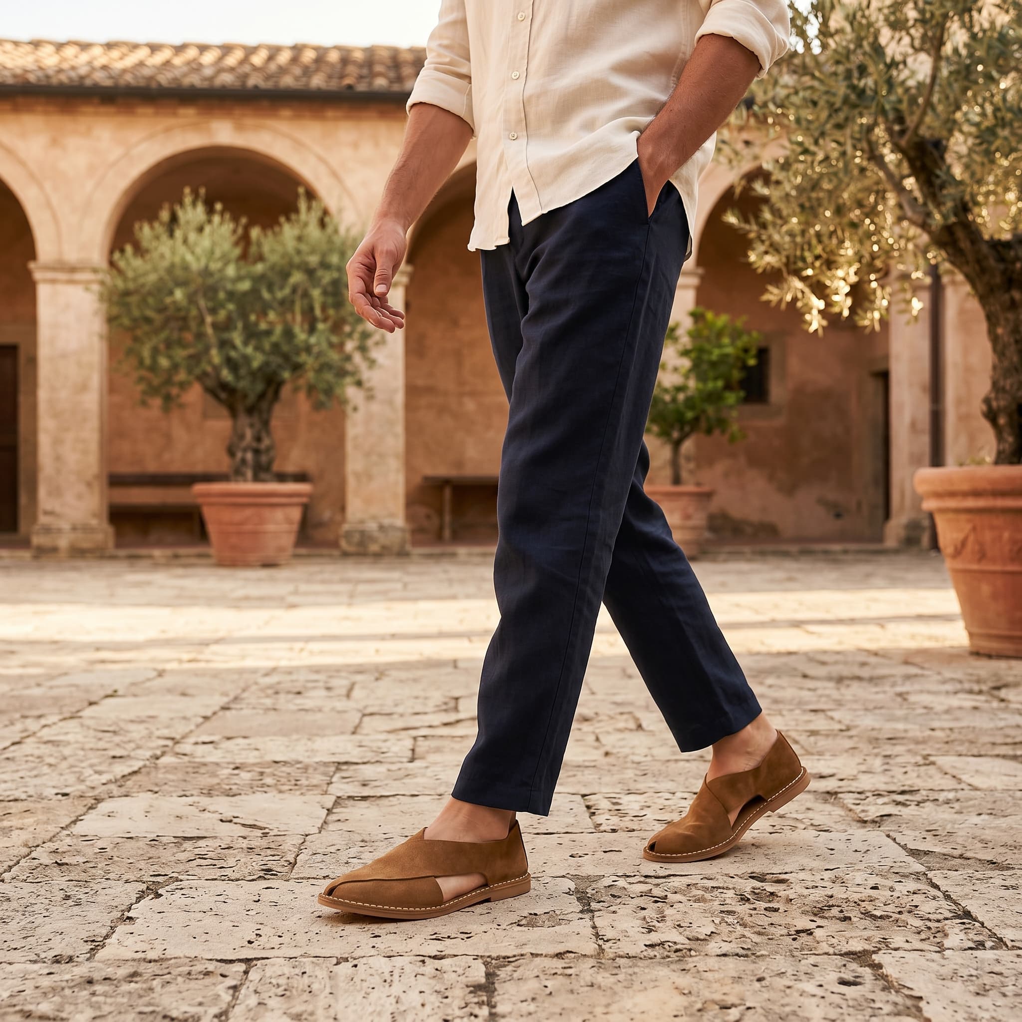 Person wearing navy pants and brown shoes walking on a stone pavement with a rustic building and trees in the background.