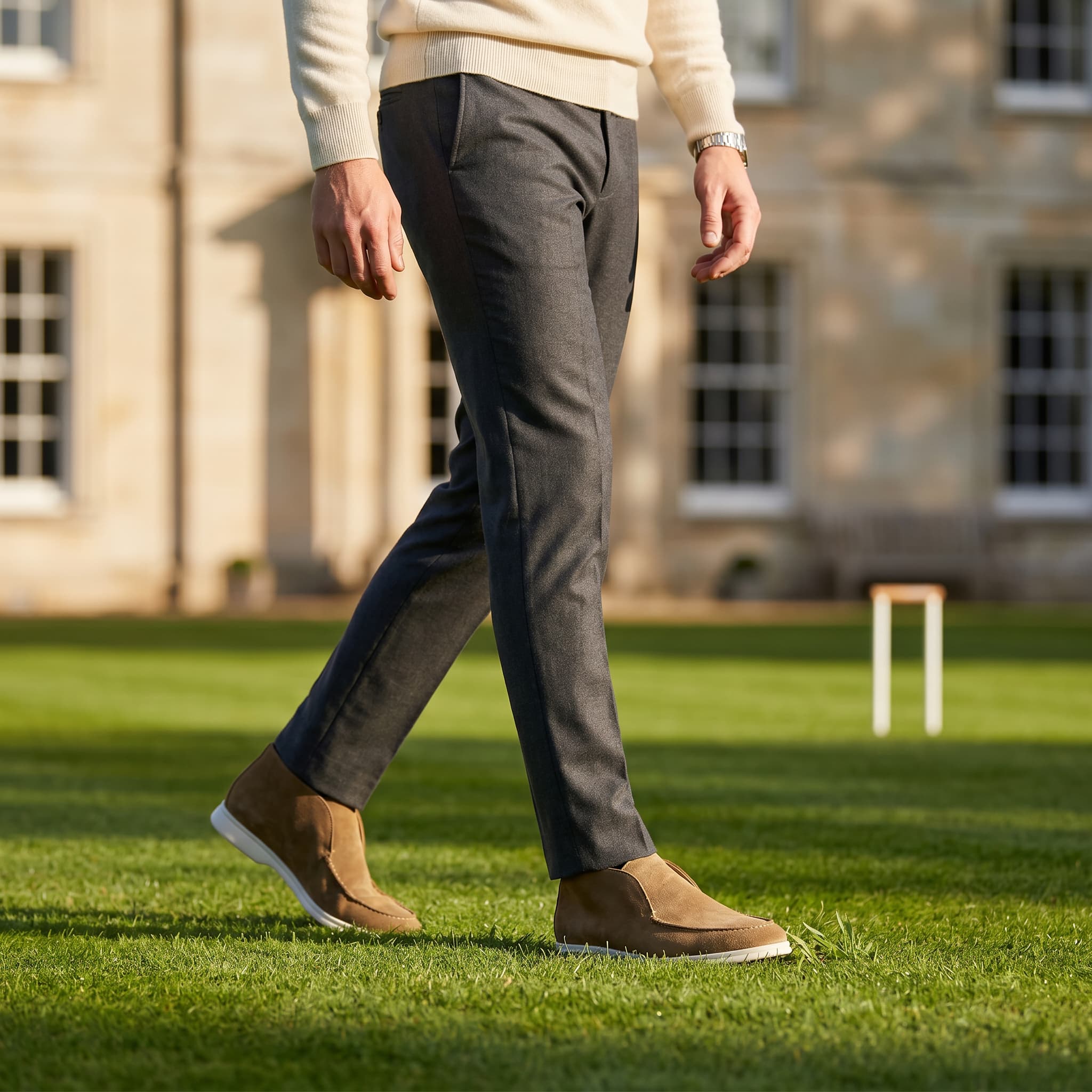Person walking on grass wearing brown shoes and dark pants with a building in the background