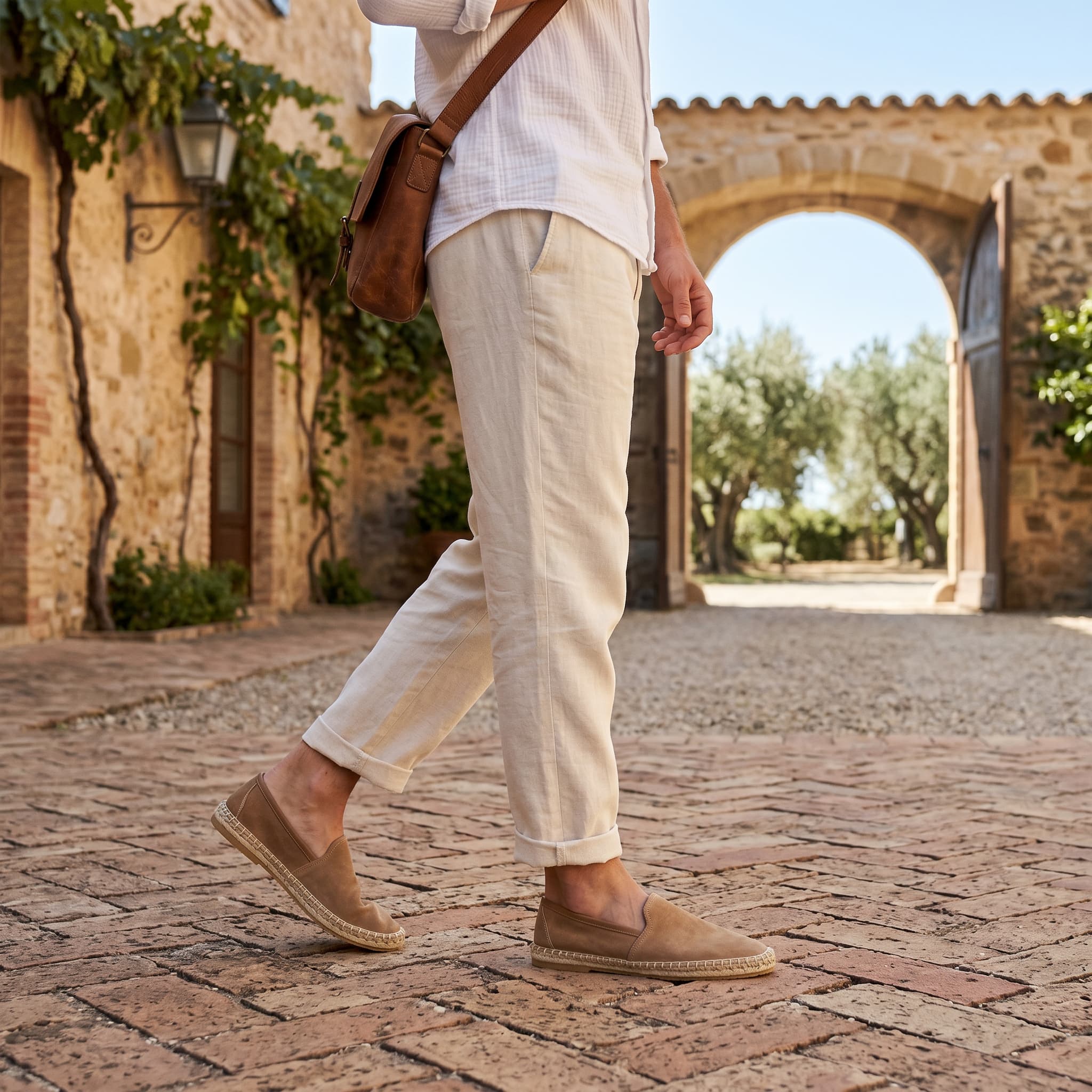 Person walking on a cobblestone path with a rustic building and archway in the background