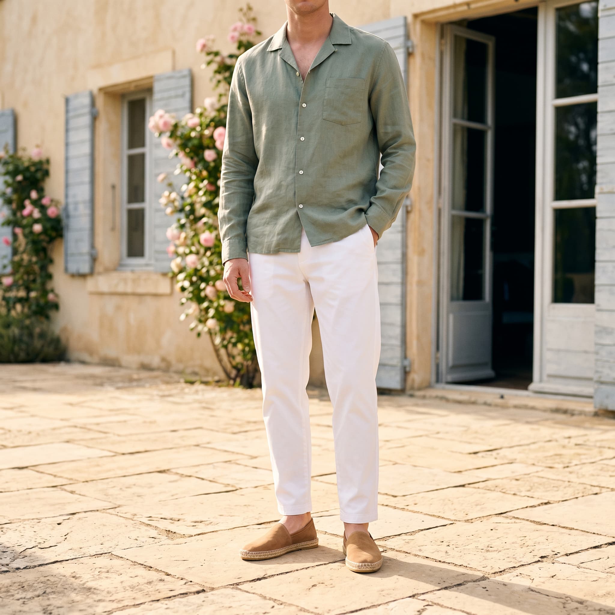 Man wearing a green shirt and white pants standing on a stone patio in front of a building with flowers.