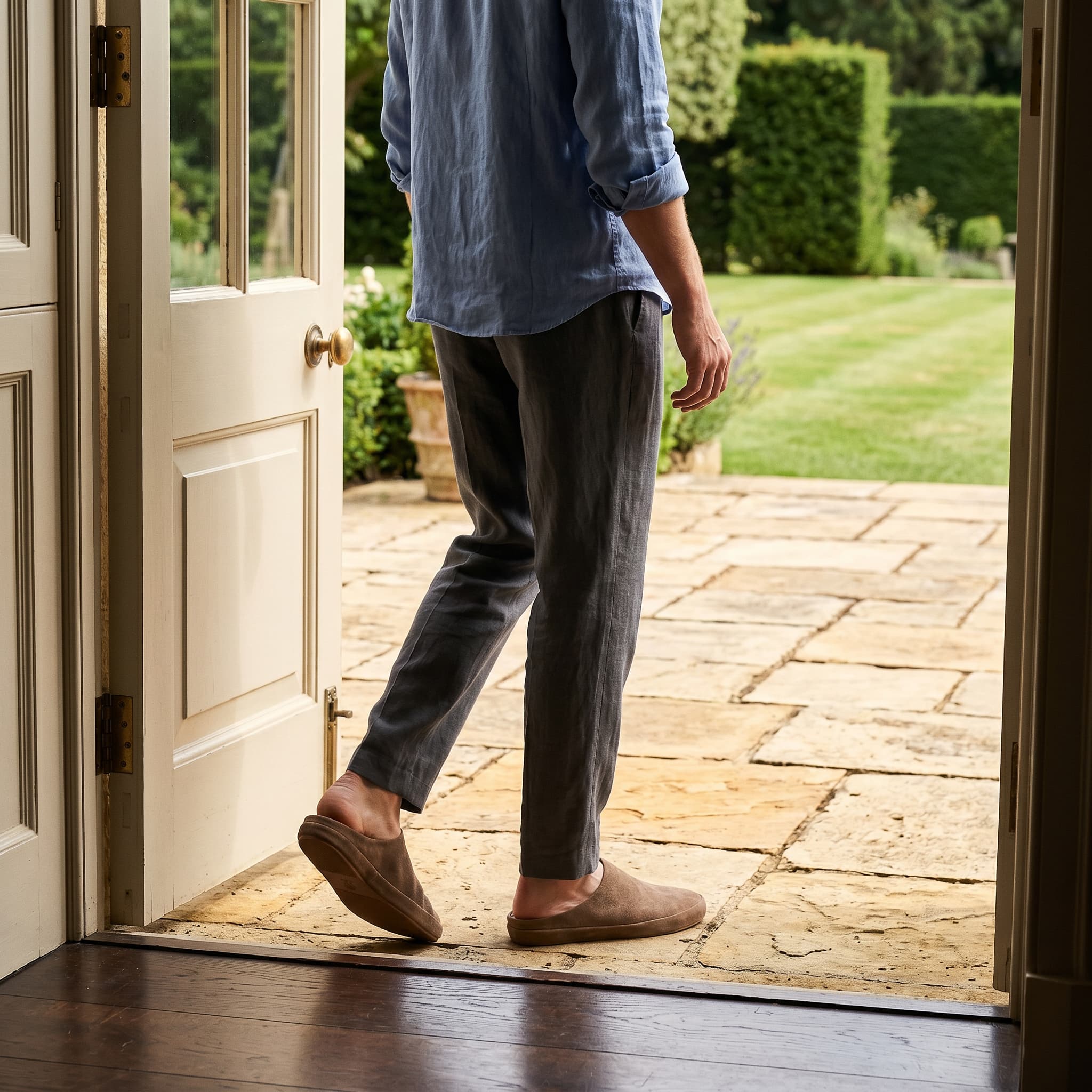 Person stepping out of a door onto a patio with a garden view