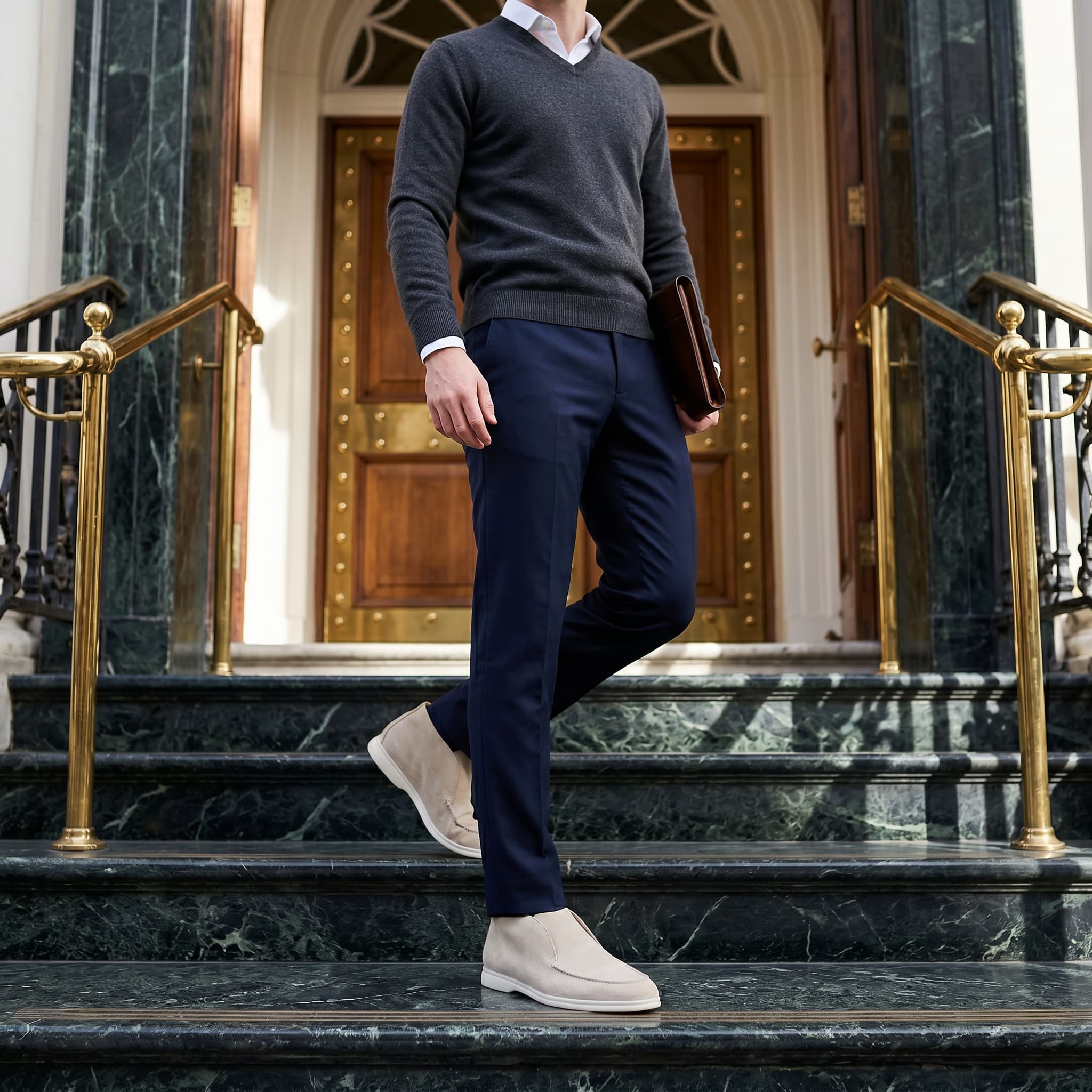 Man in formal attire walking up marble steps in an elegant building entrance.