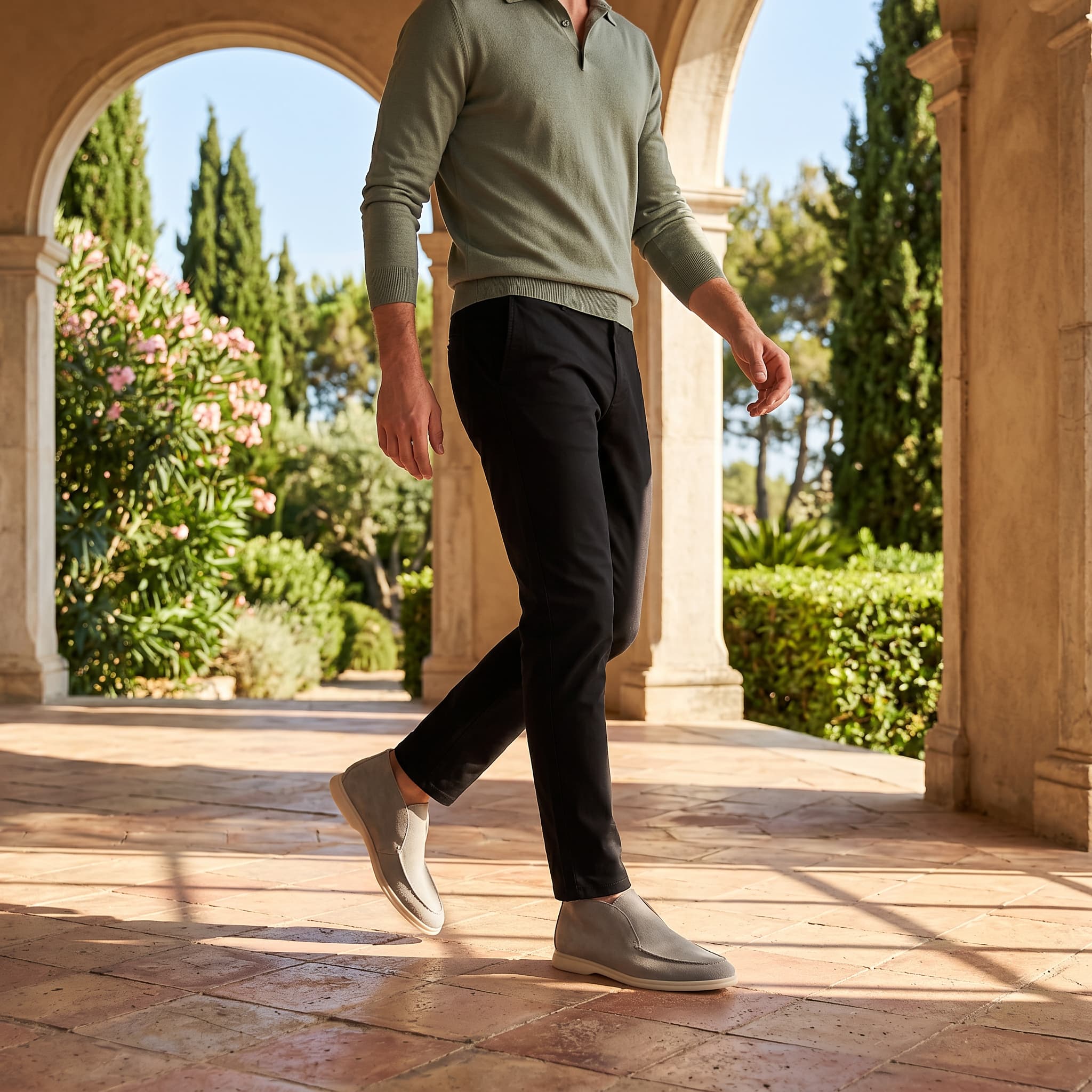 Man walking outdoors on a sunny day with greenery and architectural elements in the background