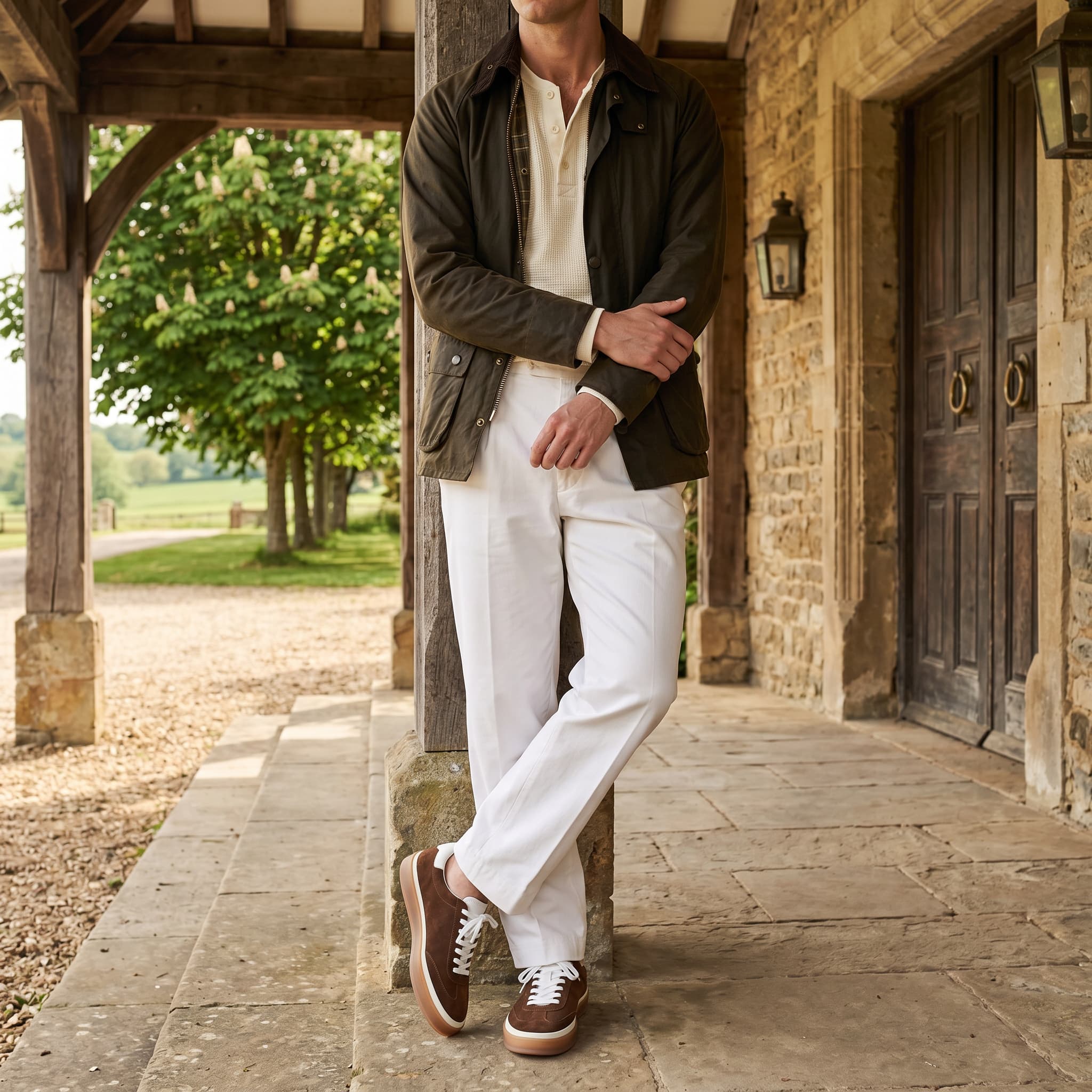 Man in a stylish outfit standing on a stone path outside a rustic building.