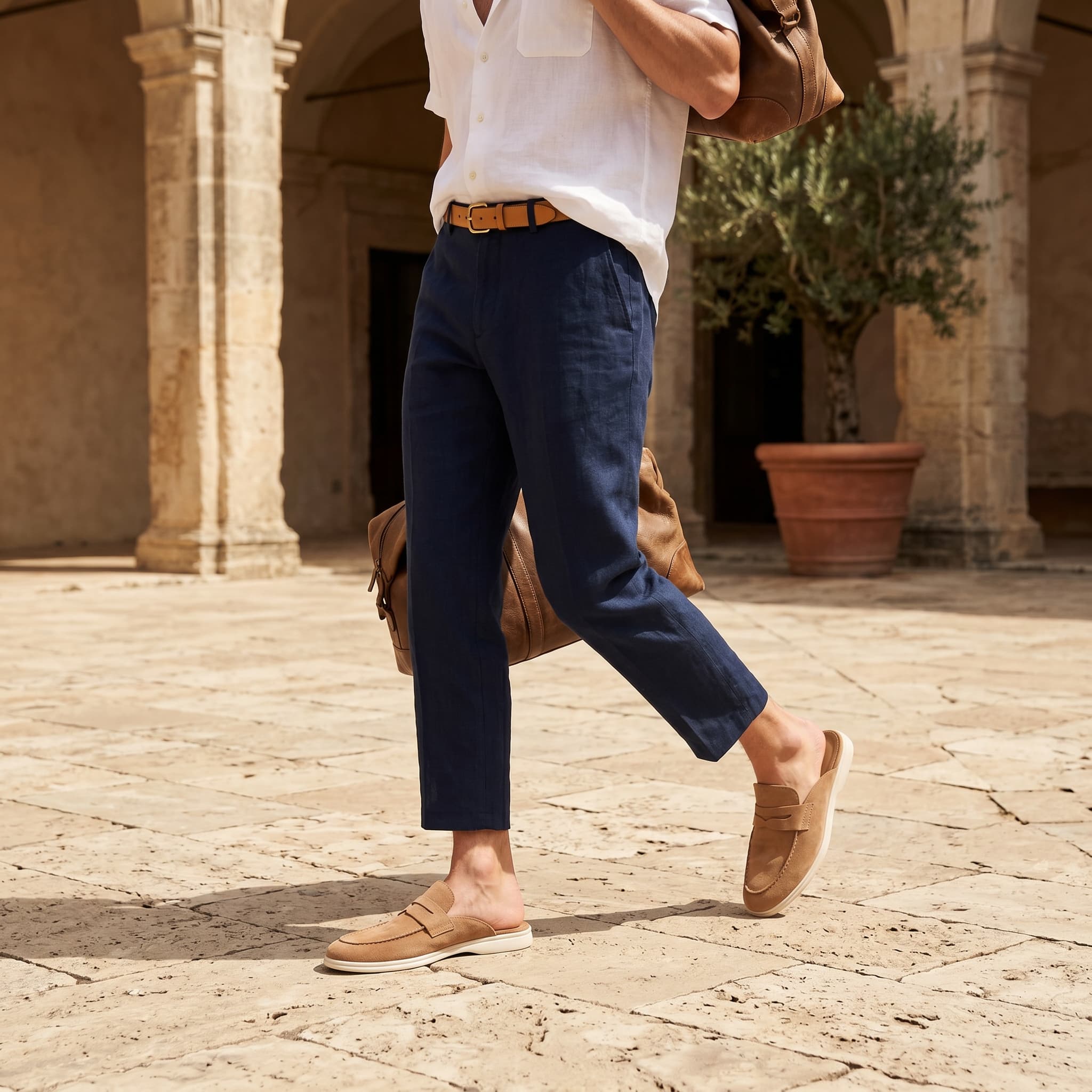 Person wearing navy pants and tan shoes walking outdoors with a leather bag.