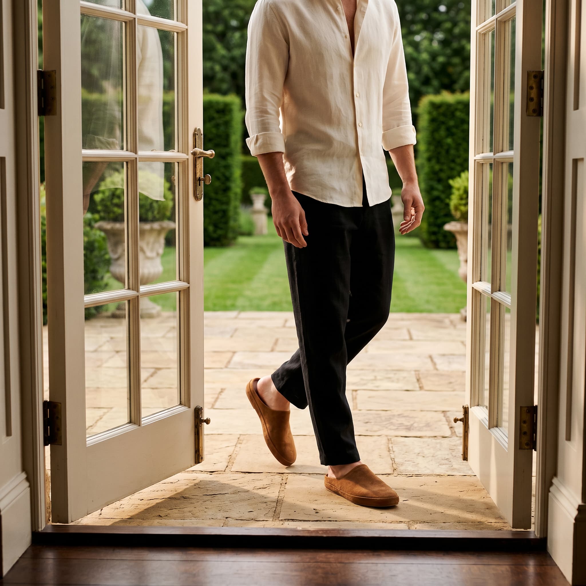 Person walking through a doorway onto a patio with a garden view