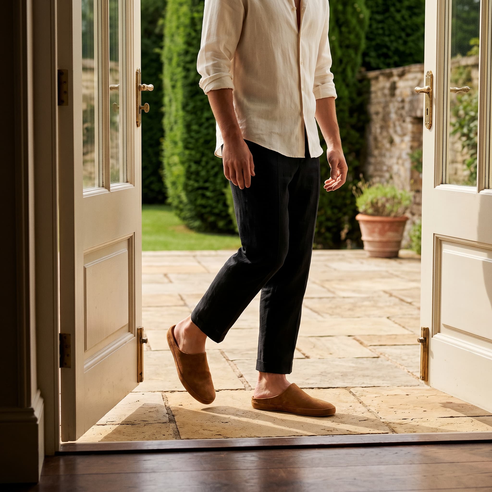 Person stepping out of a house onto a patio with greenery in the background