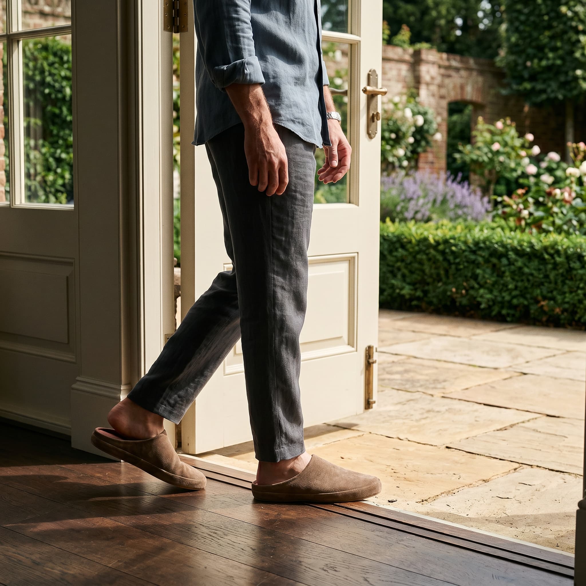 Person stepping out of a door onto a patio with garden view