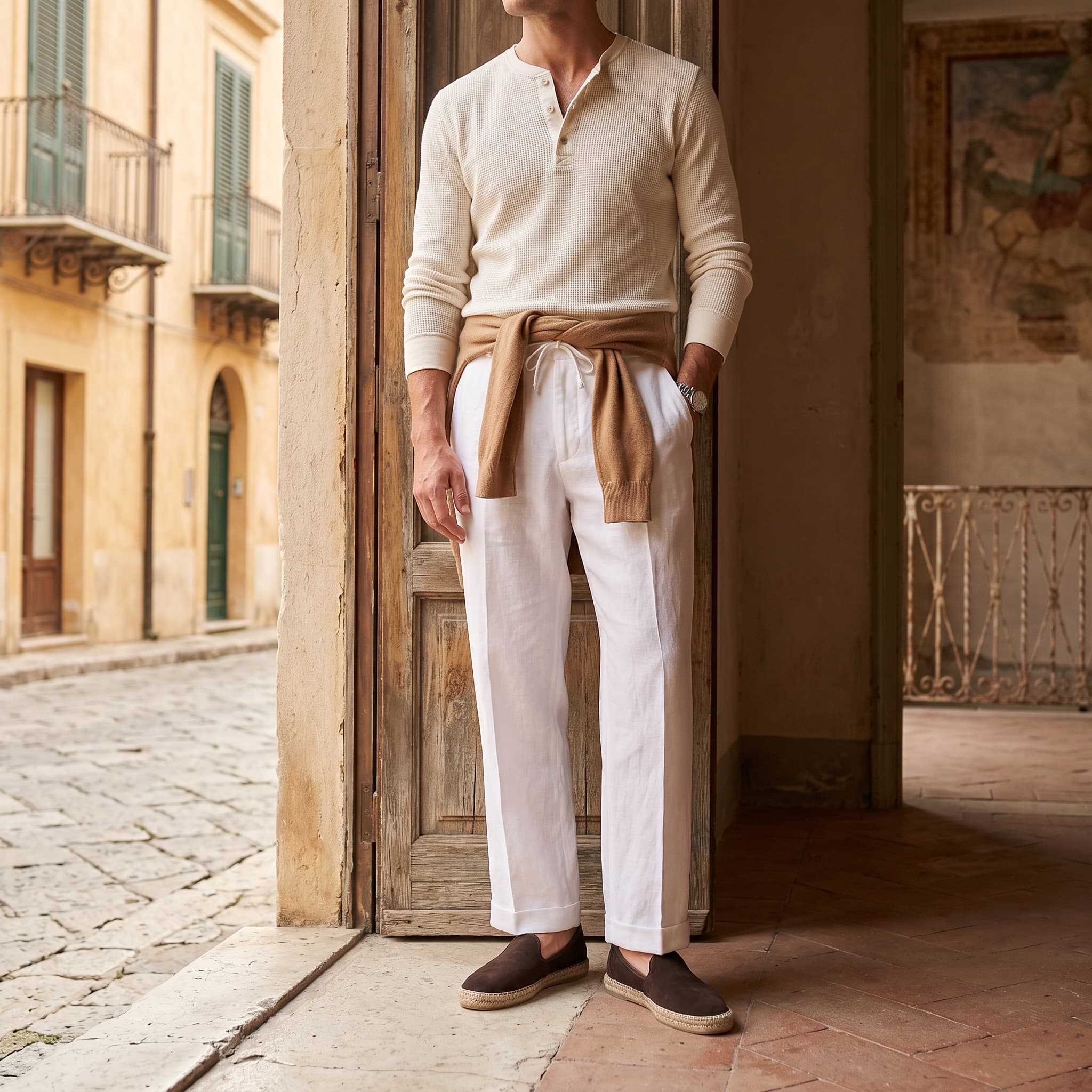 Man in beige shirt and white pants standing in a sunlit street with stone buildings.