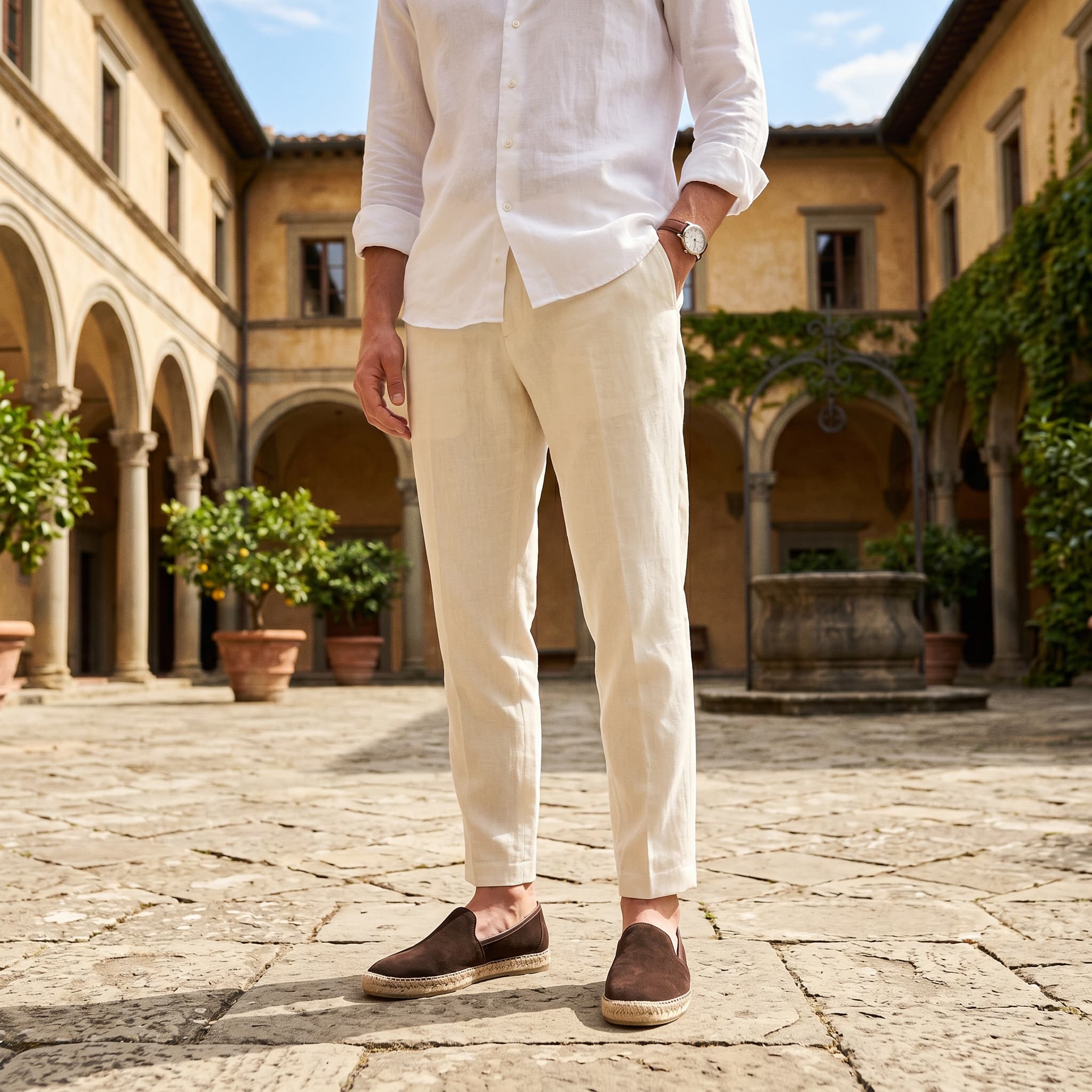 Person wearing a white shirt and beige pants standing in an outdoor courtyard with columns and plants.