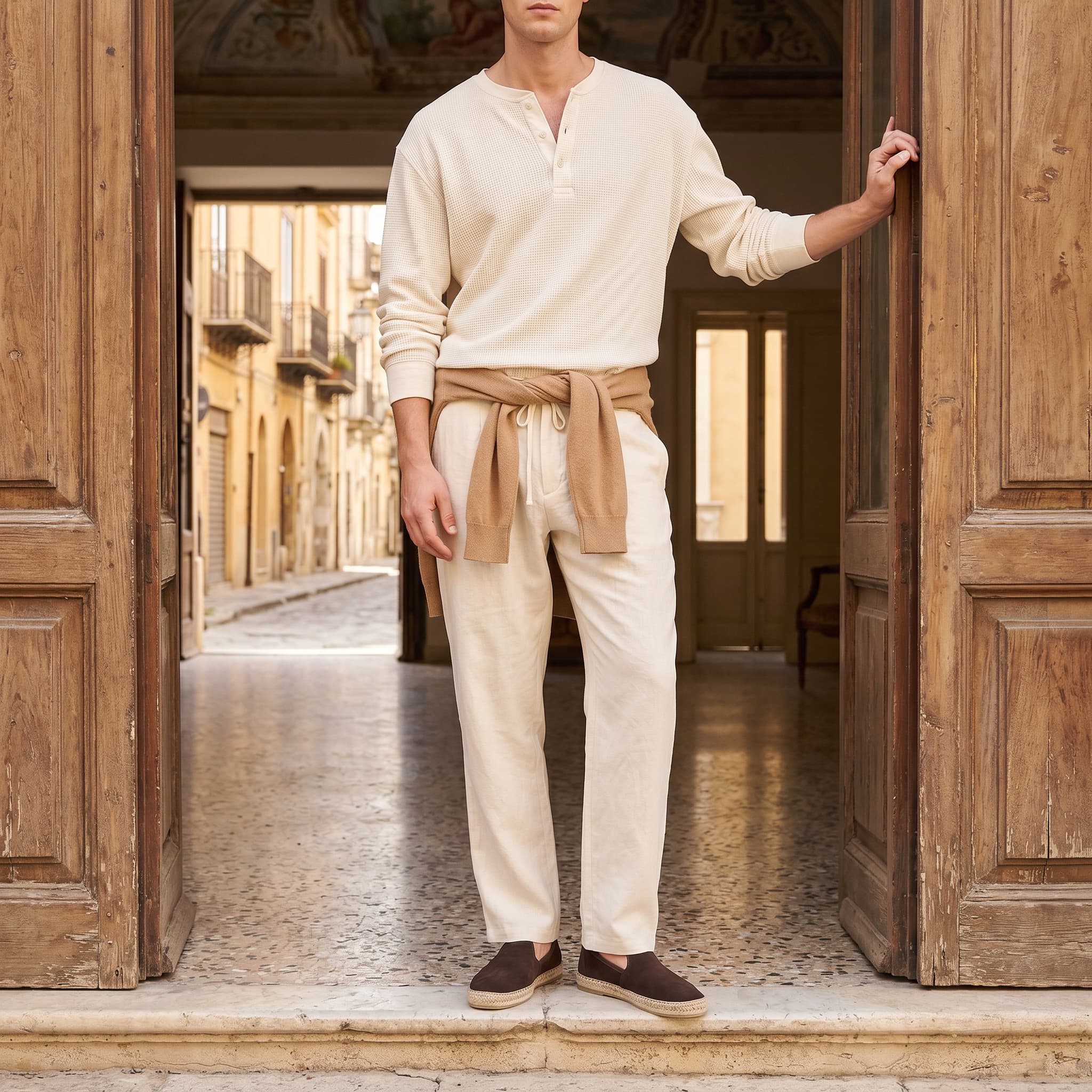 Man in a cream shirt and beige pants standing in an open doorway with a street view in the background.