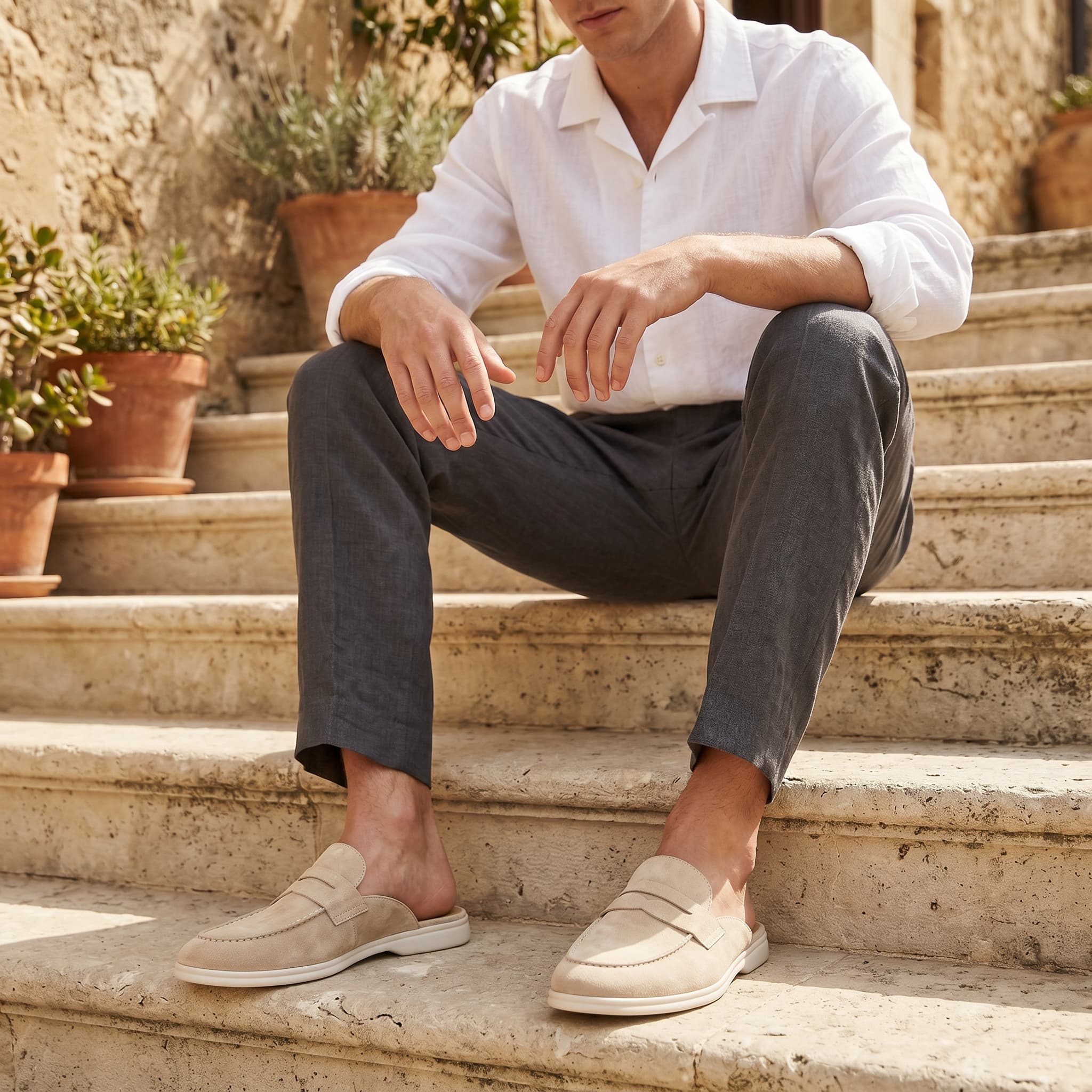 Man sitting on stone steps wearing white shirt, gray pants, and beige loafers.