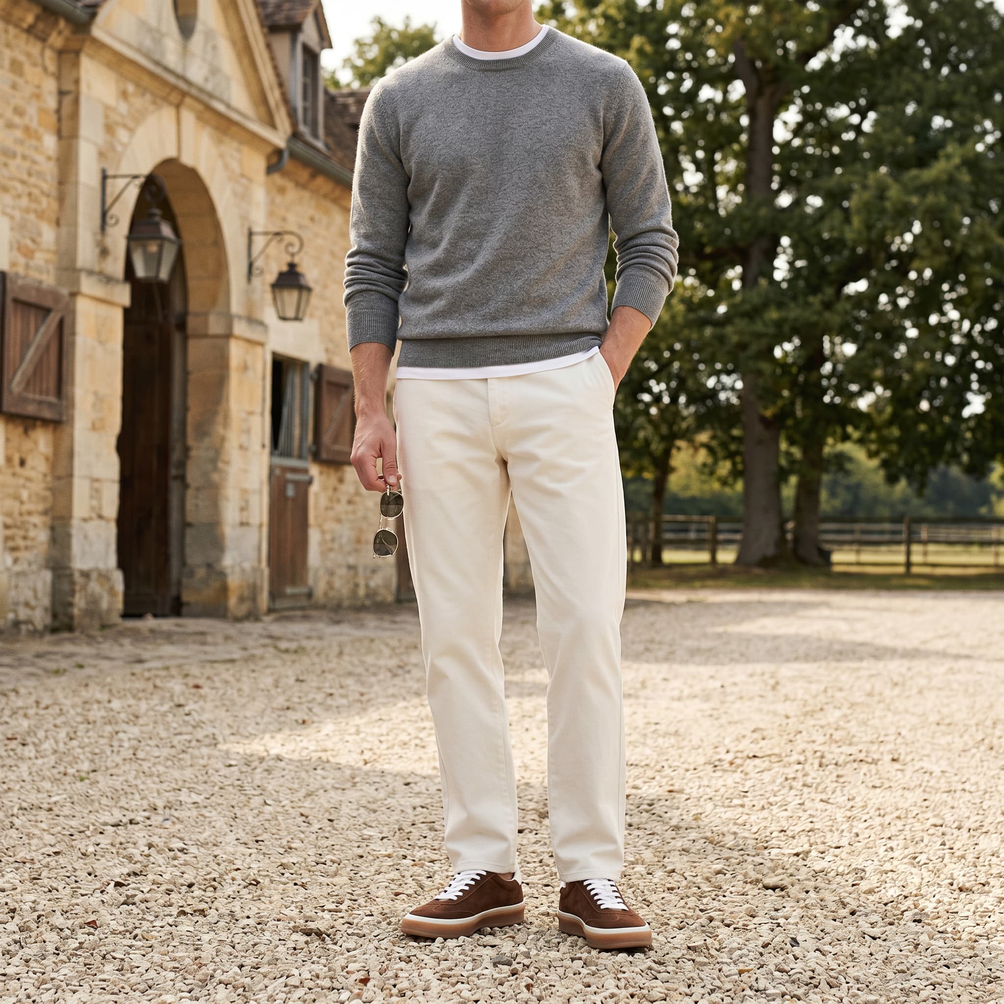 Man wearing a gray sweater, white pants, and brown shoes standing in front of a stone building.
